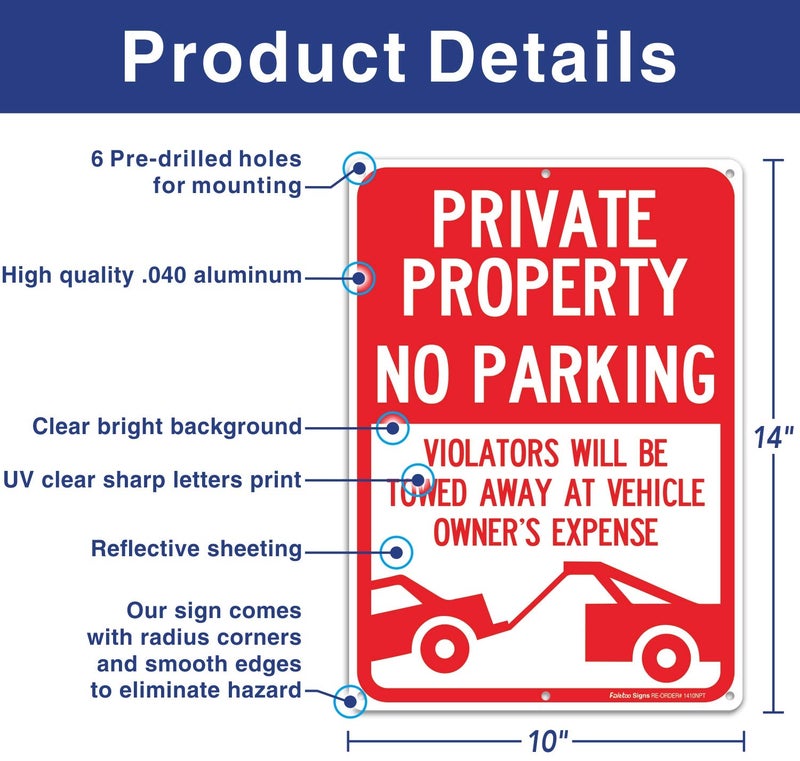 Faittoo (2 Pack) Private Property No Parking - Violators Will Be Towed Away at Vehicle Owner's Expense Sign, Reflective .40 Rust Free Aluminum 14 x 10, UV Protected, Weather Resistant, Waterproof, Durable Ink - Image 2